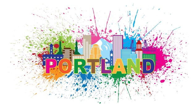Portland Oregon Outline Silhouette with City Skyline Downtown and Mt. Hood Panorama Color Text Paint Splatter Isolated on White Background Illustration