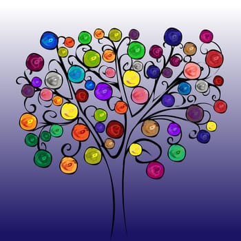 Fairytale tree with colourful fruits. Purple gradient vector background. Multicolored circles. Evening