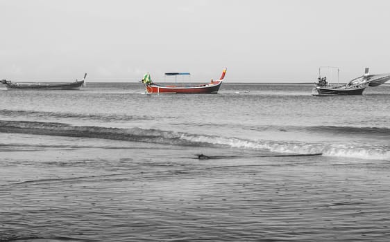 Seascape with fishing boat in morning light, Phuket thailand, Black and white tone
