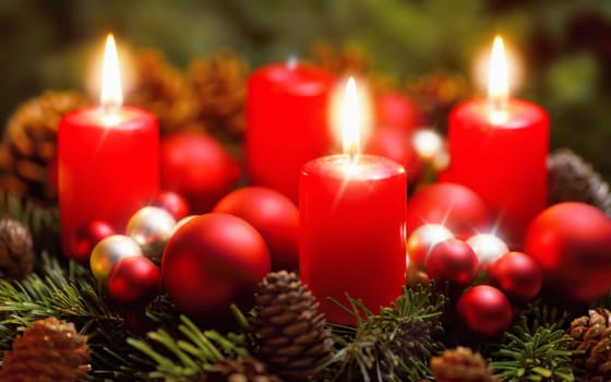 Studio shot of a nice advent wreath with baubles and three burning red candles