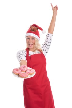 Christmas woman with a plate of doughnuts