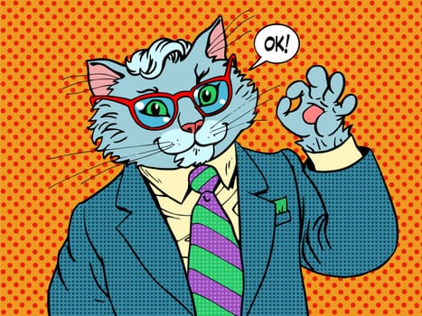 Cat businessman OK gesture. Business concept success