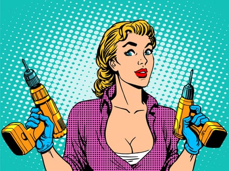 Girl worker drill repair. The woman of the house works