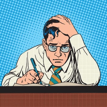 Writer journalist scientist thinks writes. A grown man pen writes the text. Thinking creative work torments