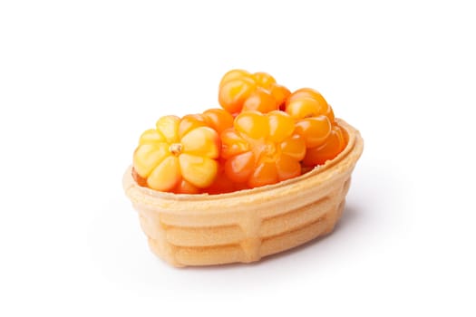 Cloudberry tart. Sweet baked dessert with fresh wild cloudberries. Large depth of field