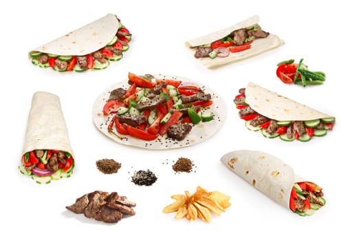 Set of isolated beef shawarma (also known as doner kebab, gyros pita or tortilla) with its ingredients