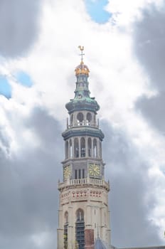 Dramatic sky in front of the church spire,the abbey tower Lange Jan in Middelburg,Netherlands.