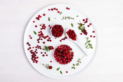Wild cranberry and foxberry with leaves on white plate. Top view