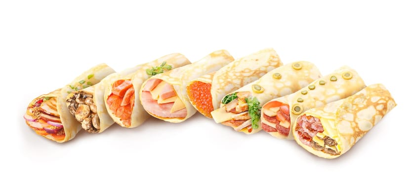 Big collection of elegant,neat, gourmet stuffed savory crepes decorated with herbs