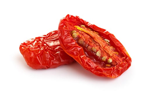 Sun dried tomatoes isolated on white with smooth shadow. Large depth of field
