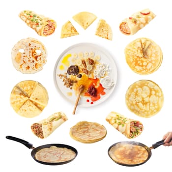 Set of crepes isolated on white