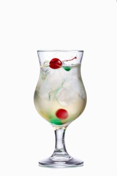 Champagne alcoholic cocktail in hurricane glass garnished with morello cherry