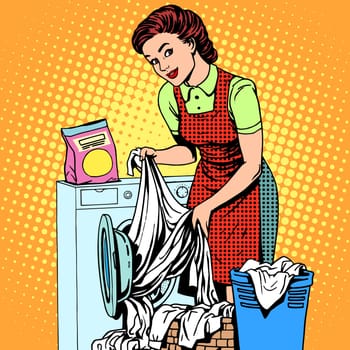 A woman washes clothes in a washing machine pop art retro style. Housewife doing the housework. Clean and tidy
