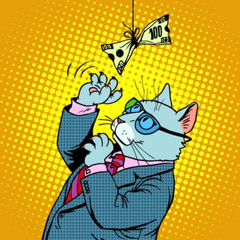 Business cat and money. Businessman character animal the concept of financial success pop art retro style