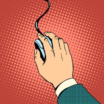 Hand on computer mouse pop art retro style. Work on the computer. The concept of the business office and technology