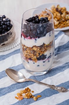 Parfait-style healthy layered breakfast with yougurt,fresh blueberries,muesli or granola