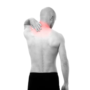 View of a Half-naked man feeling pain in the back
