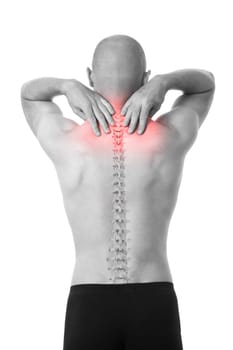 View of a Half-naked man feeling pain in the back