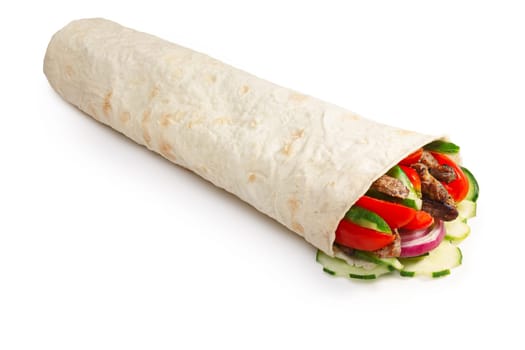 Beef shawarma wrap with vegetables. Infinite depth of field