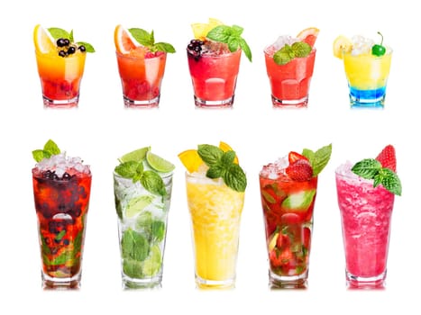 Set of isolated cocktails or mocktails with fruits in highball glasses. Garnished, decorated, colorful, clean,vivid colors
