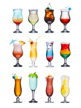 Set of isolated cocktails or mocktails with fruits. Served in hurricane glasses, garnished, decorated, colorful, clean,vivid colors