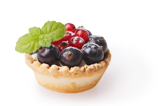 Baked currant dessert with cream. Sweet currant tart isolated on white