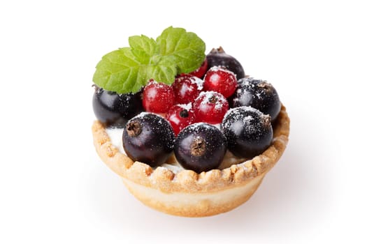 Baked currant dessert with cream. Sweet currant tart isolated on white