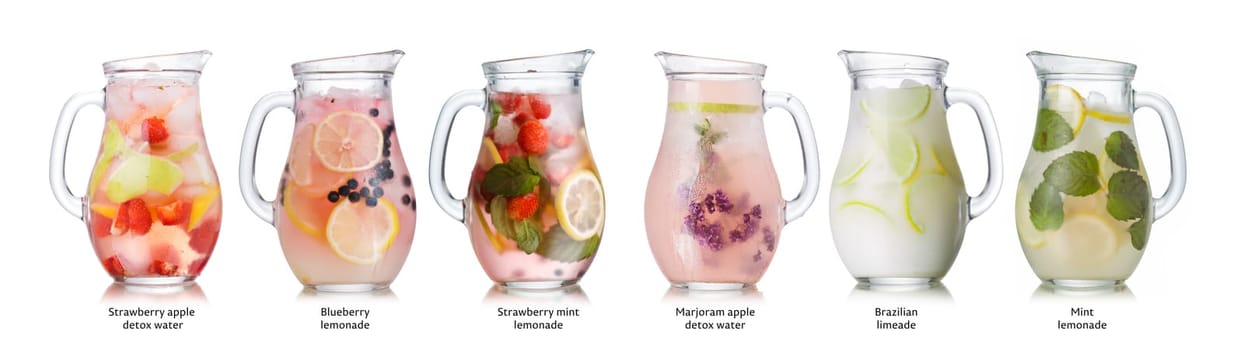 Collection of different drinks in glass pitchers. Glasses full of spritzers, schorle,lemonade,iced tea, detox waters. Healthy eating