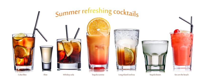 Collection of widely known refreshing summer alcoholic cocktails.