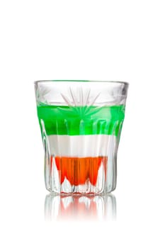Italian flag alcoholic cocktail in shot glass (shooter)