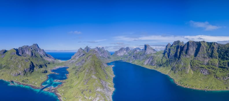 Fjords on beautiful Lofoten islands in Norway, aerial panorama