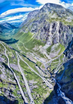 Aerial view of Trollstigen, famous serpentine mountain road in Norway