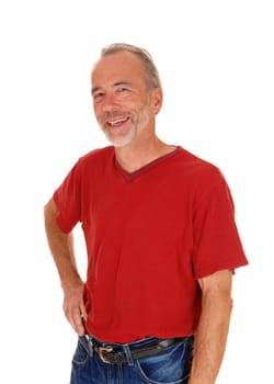A middle age male in a red t-shirt standing isolated for white background.and smiling..