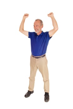 A very happy middle age man standing isolated for white background.lifting both arms up..