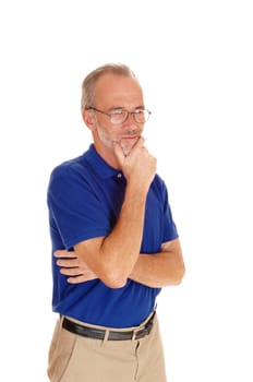 A waist up image of a middle age man in a blue t-shirt standing isolated.for white background..