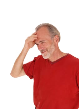 A portrait of a middle age male with one hand on his forehead, thinking,.isolated for white background..