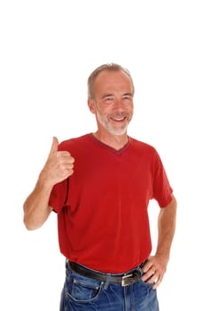 A smiling middle aged man standing isolated for white background in a.red t-shirt with one thump up..