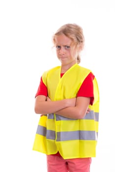 blond girl with reflective vest in front of white background