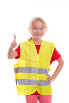 blond girl with reflective vest in front of white background