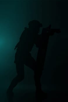 Spec ops police officer SWAT with ballistic shield studio shot