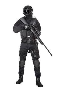 Spec ops police officer SWAT in black uniform and face mask studio shot