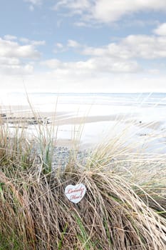 lonely blue wooden love heart in dunes on an Irish beach in summer