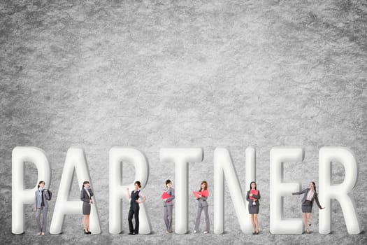 Concept of partner, friends,collaborate with group of business people stand with 3d text.