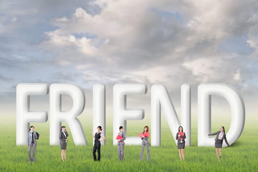 Concept of partner, friends,collaborate with group of business people stand with 3d text.