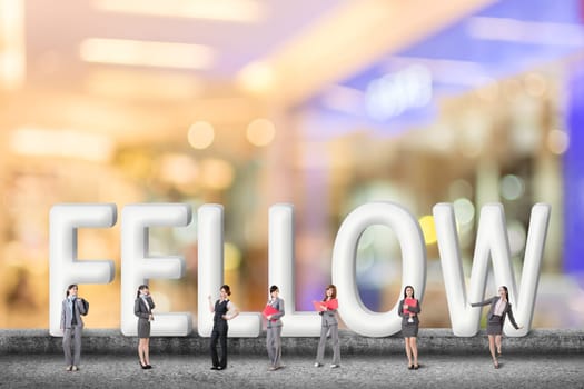 Concept of partner, friends,collaborate with group of business people stand with 3d text.