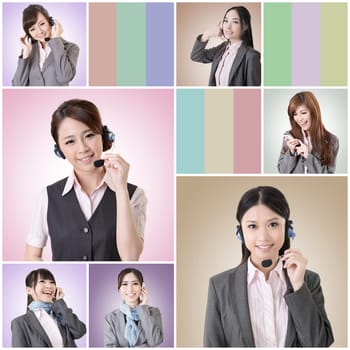 Collection of Asian business woman talk and listen, concept about connect, social media, group, speak etc.