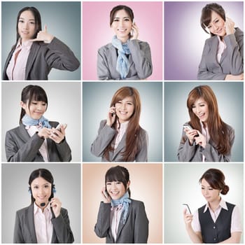 Collection of Asian business woman talk and listen, concept about connect, social media, group, speak etc.