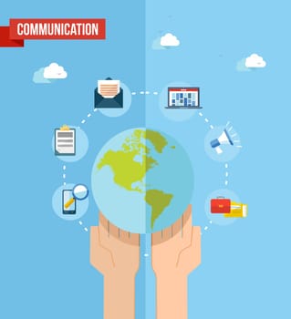 Social media world and web concept with set of flat icons design. Marketing web, network and internet communication elements. EPS10 vector file organized in layers for easy editing.