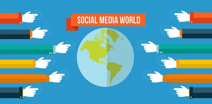 Social media world and web concept with set of flat icons design. Marketing web, network and internet connection elements. EPS10 vector file organized in layers for easy editing.
