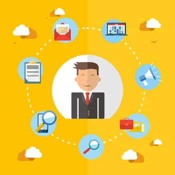 Business and management people concept with set of flat icons design. Marketing web, network and app elements. EPS10 vector file organized in layers for easy editing.